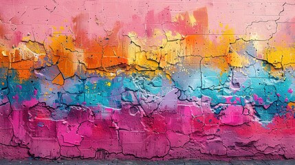 The old wall decorated with paint stains in the style of street art culture. Colorful background of full graffiti painting artwork with bright aerosol outlines on wall. Colored background texture - obrazy, fototapety, plakaty