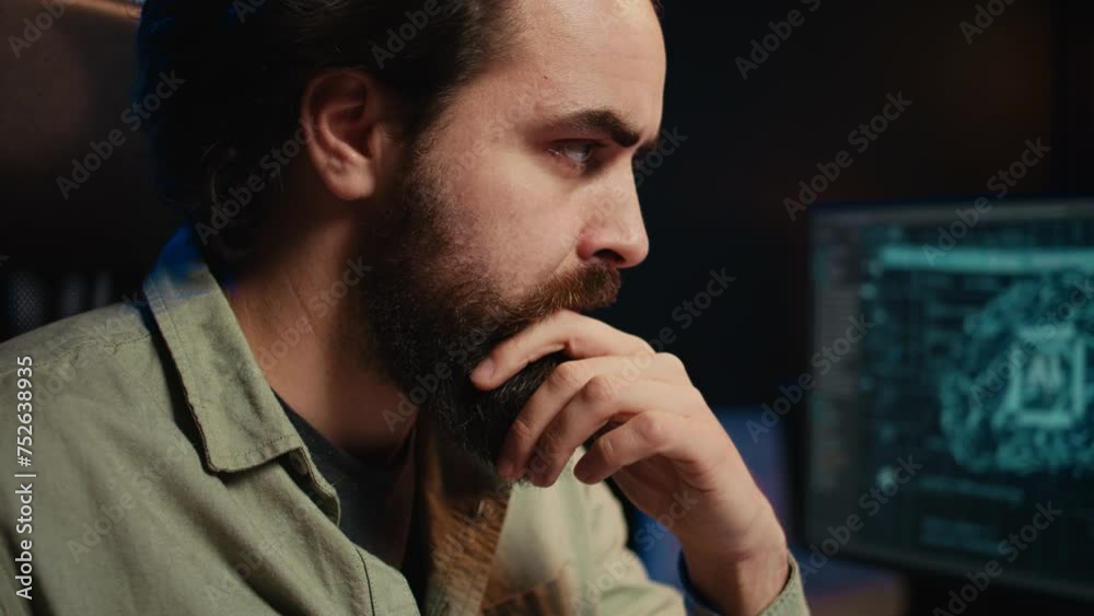 Poster developer having complex emotions while updating artificial intelligence machine learning algorithm.