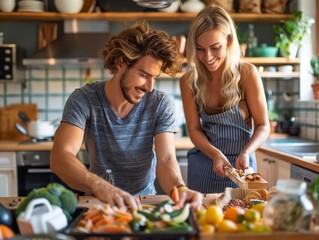 Eco-friendly lifestyle, young couple sorting recyclable materials in a bright, modern kitchen, emphasis on sustainability.