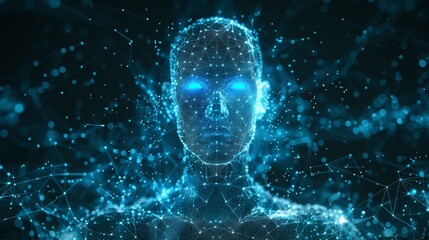 Glowing hologram of human face 3D model with dark background.