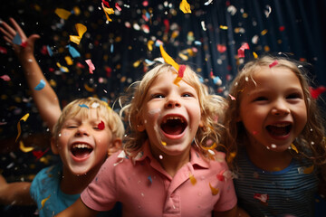 Joyful Children Laughing Under a Shower of Confetti. Celebration and Childhood Happiness Concept