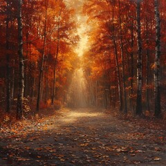Enchanting autumn forest path, leaves in orange and red hues, tranquil and inviting.