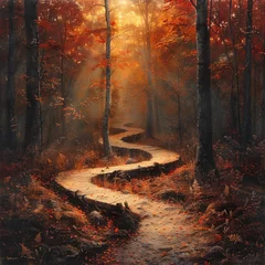 Papier Peint photo Lavable Route en forêt Walking through the enchanting autumn forest pathway, orange and red leaves create a peaceful and inviting atmosphere.