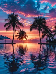 Exotic beach resort at dusk, palm trees silhouetted against a colorful sky, tranquil and inviting.