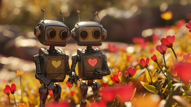couple of robots holding hands, in a garden full of flowers generative ai