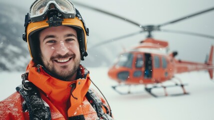 Portrait of a male rescue personnel staff with helicopter in snow mountain field - obrazy, fototapety, plakaty
