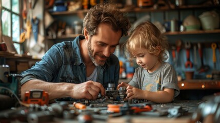Father's Day project in the garage: tools clanging, father patiently teaching his child, an atmosphere of accomplishment.