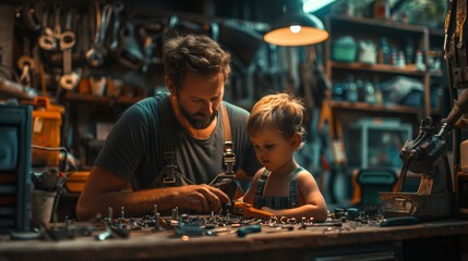 Father and child bond over a garage DIY project, using tools, teaching and achieving together on Father's Day. - obrazy, fototapety, plakaty