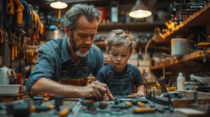 Father and child bond over a garage project, using tools to create a DIY masterpiece on Father's Day, celebrating accomplishment. - obrazy, fototapety, plakaty
