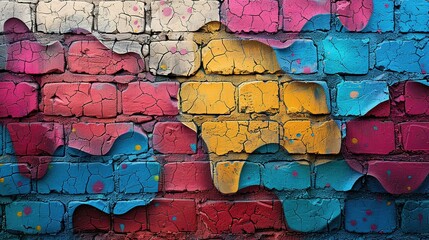 The old wall decorated with paint stains in the style of street art culture. Colorful background of full graffiti painting artwork with bright aerosol outlines on wall. Colored background texture