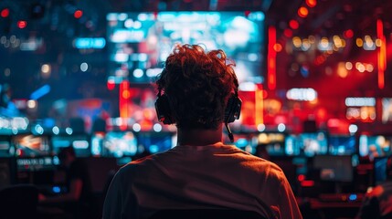 Gamers in an intense esports tournament display skill, strategy, teamwork in a vibrant, dynamic atmosphere.