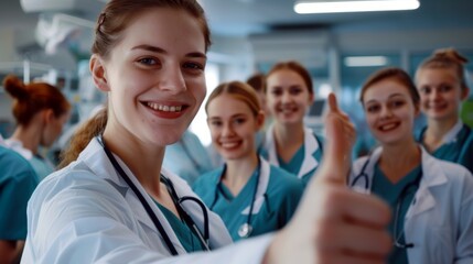 Portrait of doctor nurse with thumb up gesture in hospital - obrazy, fototapety, plakaty