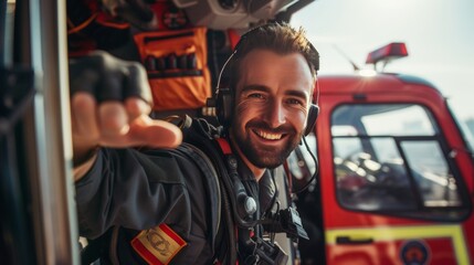 Portrait of happy male rescue personnel staff with thumbup gesture