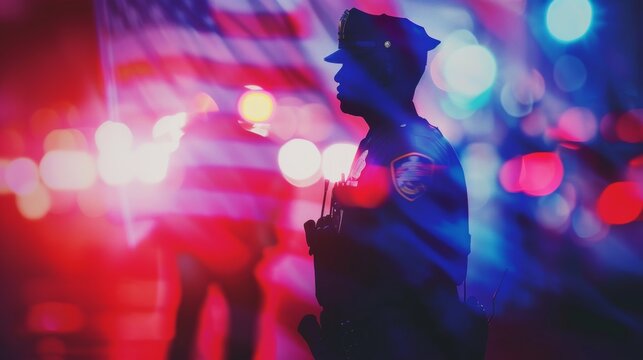 Silhouette of police officer with US national flag