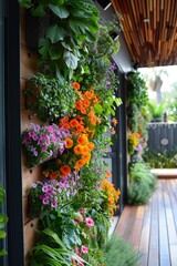 Tutorial for vertical garden design with space-saving tips, lush greenery in urban setting is educational and visually inspiring.