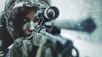 Portrait of a female sniper with rifle in battle field - obrazy, fototapety, plakaty