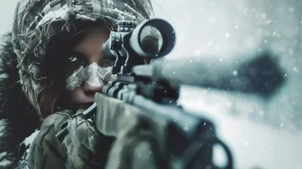 Fotobehang Portrait of a female sniper with rifle in battle field © rabbit75_fot