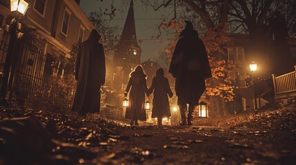 On the Halloween night ghost tour, a group carrying lanterns explores historic buildings with suspenseful tales.
