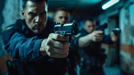 Police officers search a building with guns