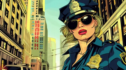 Vector illustration of female police officer in city street. Comic book.