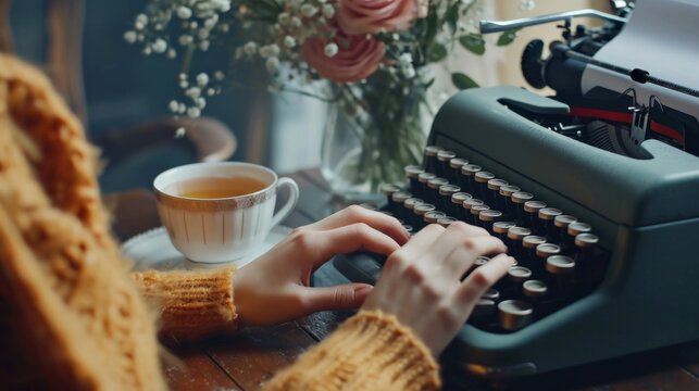 person typing on typewriter with quiet surroundings generative ai