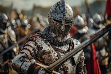 Historical reenactment of a medieval battle, with participants donning authentic armor, capturing the drama, strategy, and excitement in an outdoor setting. - obrazy, fototapety, plakaty