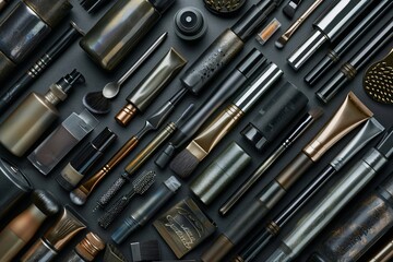 Assorted makeup brushes collection on the dark background. Generative AI