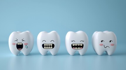 Collection of various expressions of a cute tooth cartoon character.