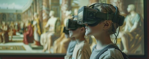 Students in an immersive virtual reality classroom explore ancient history through interactive simulations, engaging and informative.