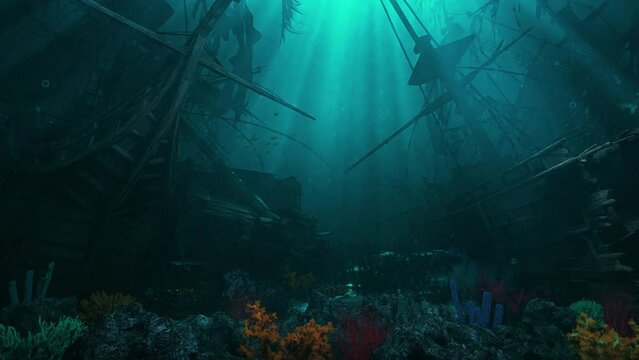 Pirates Sunken Galleons with Swimming Fish in Coral Reef - Loop Underwater Landscape Background