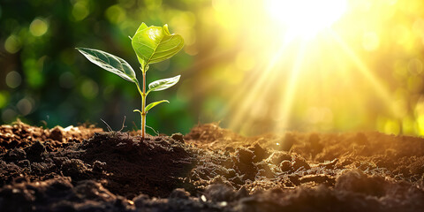 seedling are growing from the rich soil - obrazy, fototapety, plakaty
