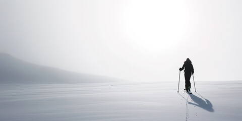 The silhouette of a skier goes into the distance - obrazy, fototapety, plakaty