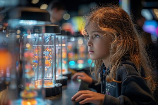 Interactive science museum exhibit, children engaging with hands-on experiments, curiosity and learning in action.
