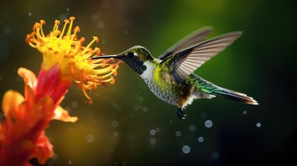 Naklejka premium Hummingbird in flight with flower in the background.