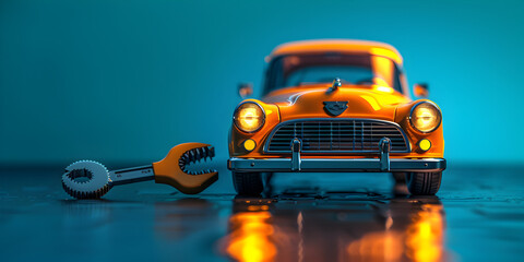 Orange car with bird on the top of it's head. An orange toy car on a blue background, - obrazy, fototapety, plakaty