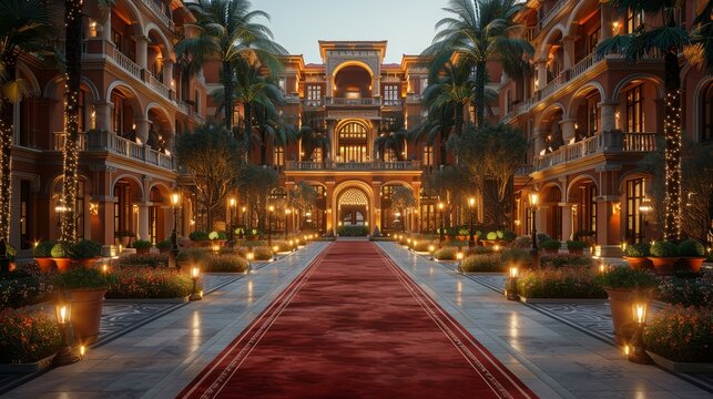 The grand opening of a luxury hotel featured a red carpet, elegant guests, opulent architecture, and a focus on guest experience.
