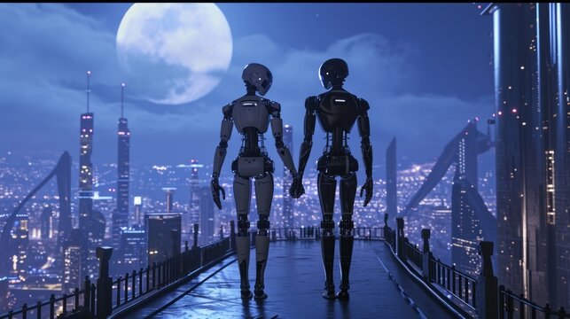 Couple of robots enjoying a moonlit stroll on a futuristic city rooftop, holding hands and sharing a special moment generative ai