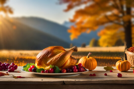 thanksgiving celebration traditional dinner meal setting, festive food and symbols on beautiful autumn background. High quality photo
