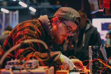 A vibrant Maker culture festival where DIY enthusiasts share crafts, tech projects, innovations, in creative atmosphere.