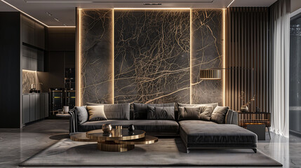 Modern interior room with panel wall design and elegant couch.
