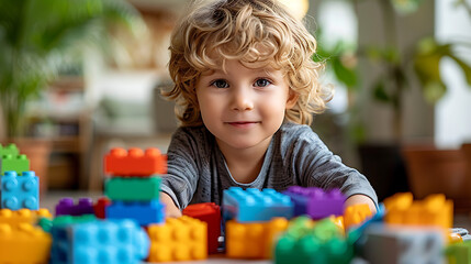 children play with multi-colored construction sets, the concept of fine motor skills in children, and manifestations of ingenuity
