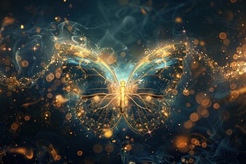 mystic witchraft spell, 1 butterfly, digital illustration, light particles, line dark blue and gold.