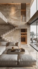 Minimalist interior design showcase, modern home with clean lines and neutral colors, emphasis on simplicity and elegance.