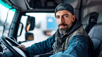 Truck driver sitting behind steering wheel