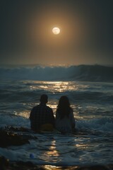 Couple relishing a romantic moonlit beach picnic, bathed in soft light with the soothing sound of waves nearby.