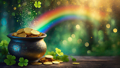 Magic pot with gold, St. Patrick's Day, Rainbow, Bokeh background	