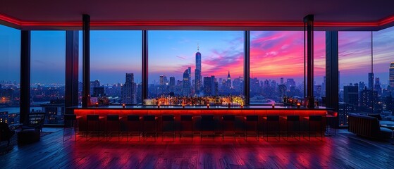 Luxury rooftop bar offers panoramic city views, cocktails, ambient lighting, chic ambiance, exclusive crowd. - obrazy, fototapety, plakaty