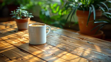 Foto op Plexiglas Morning coffee in a wood table with plants © Nelson