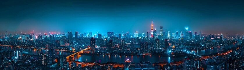 Nighttime cityscape photography, skyline illuminated against the dark sky, viewpoint from a high vantage point.