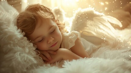 Cute baby girl angel with wings sleep in bed - obrazy, fototapety, plakaty